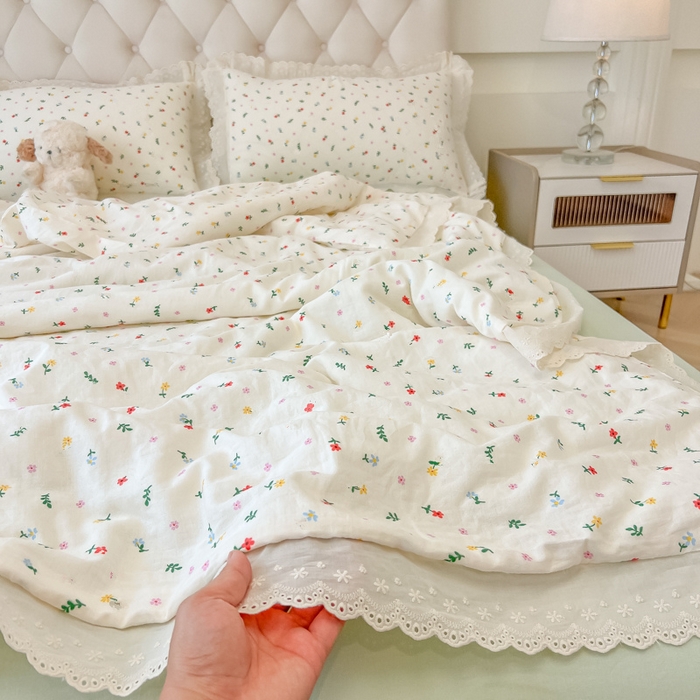 91家纺网 家纺一手货源 找家纺 盼季家纺 2025新款水洗棉蕾丝花边四件套 小蕾丝花边-香颂花从