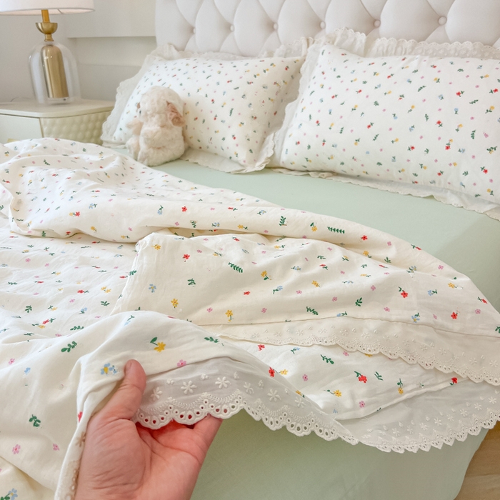 91家纺网 家纺一手货源 找家纺 盼季家纺 2025新款水洗棉蕾丝花边四件套 小蕾丝花边-香颂花从