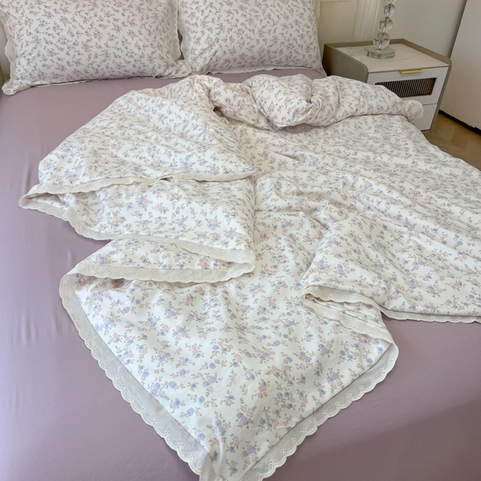 91家纺网 家纺一手货源 找家纺 盼季家纺 2025新款水洗棉蕾丝花边四件套 小蕾丝花边-紫芽