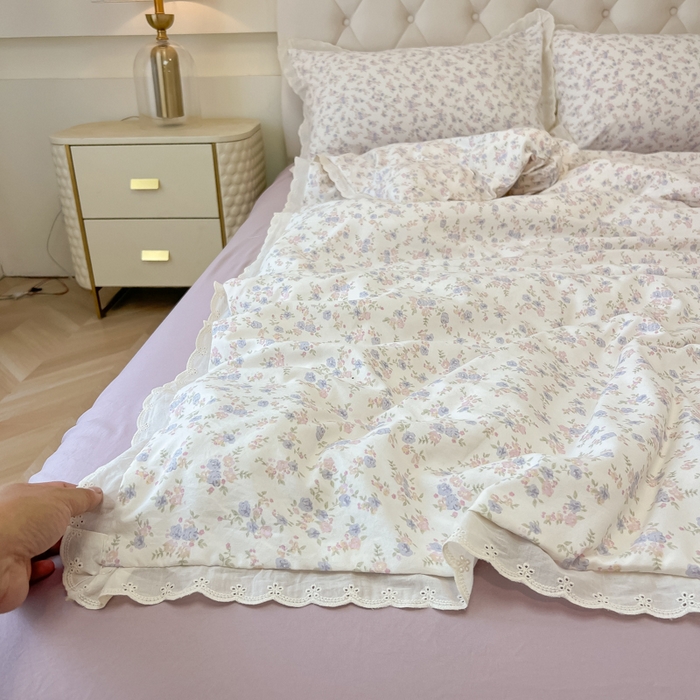 91家纺网 家纺一手货源 找家纺 盼季家纺 2025新款水洗棉蕾丝花边四件套 小蕾丝花边-紫芽