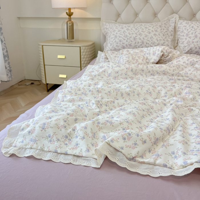 91家纺网 家纺一手货源 找家纺 盼季家纺 2025新款水洗棉蕾丝花边四件套 小蕾丝花边-紫芽