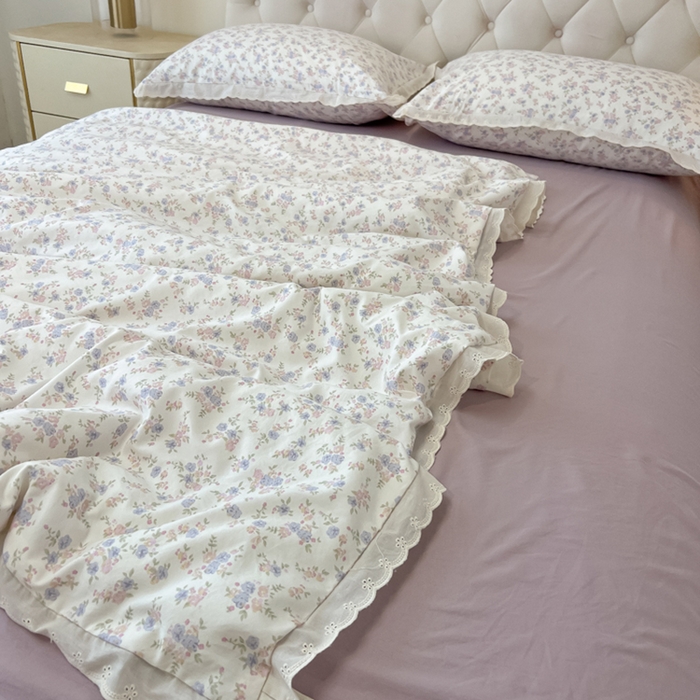 91家纺网 家纺一手货源 找家纺 盼季家纺 2025新款水洗棉蕾丝花边四件套 小蕾丝花边-紫芽