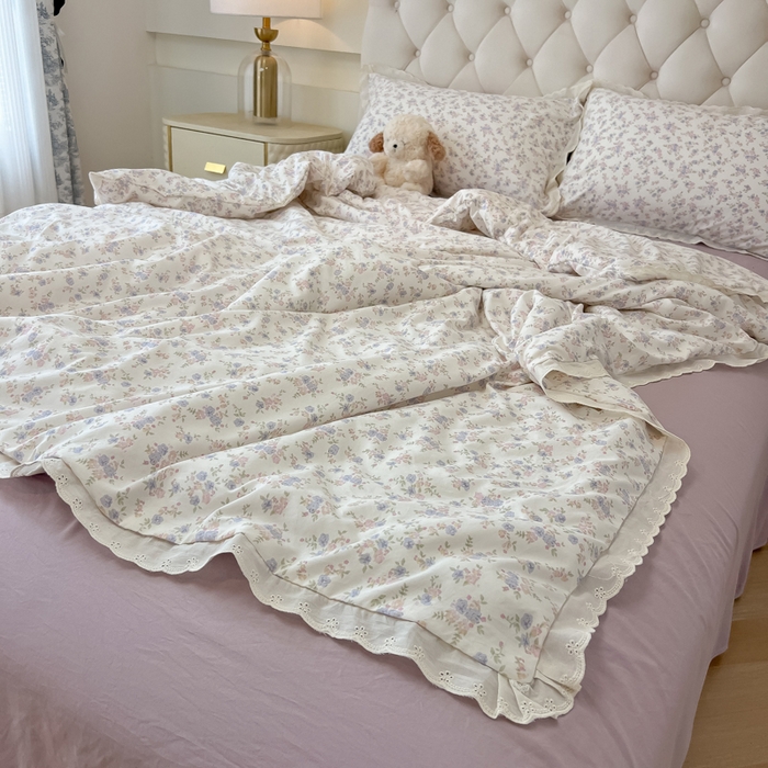 91家纺网 家纺一手货源 找家纺 盼季家纺 2025新款水洗棉蕾丝花边四件套 小蕾丝花边-紫芽