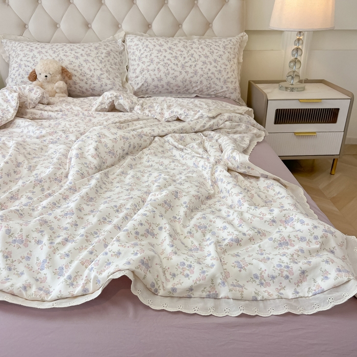 91家纺网 家纺一手货源 找家纺 盼季家纺 2025新款水洗棉蕾丝花边四件套 小蕾丝花边-紫芽