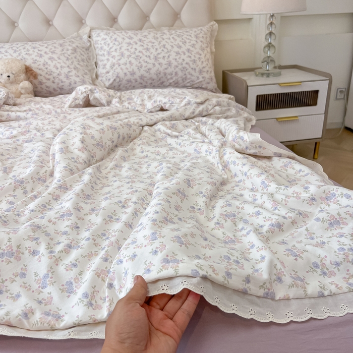 91家纺网 家纺一手货源 找家纺 盼季家纺 2025新款水洗棉蕾丝花边四件套 小蕾丝花边-紫芽