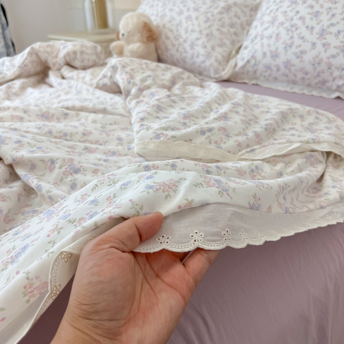 91家纺网 家纺一手货源 找家纺 盼季家纺 2025新款水洗棉蕾丝花边四件套 小蕾丝花边-紫芽