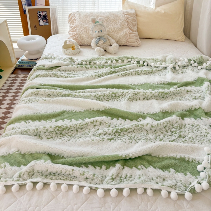 91家纺网 家纺一手货源 找家纺 潮邦创意家居 【标准250G】阳离子双色提花星绒梦语小球毯可供跨境电商可压缩 星绒梦语雅绿