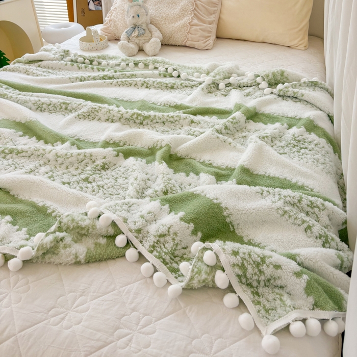 91家纺网 家纺一手货源 找家纺 潮邦创意家居 【标准250G】阳离子双色提花星绒梦语小球毯可供跨境电商可压缩 星绒梦语雅绿