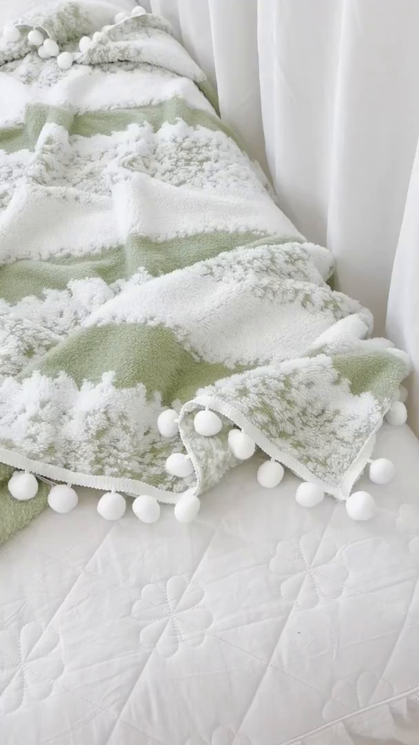 91家纺网 家纺一手货源 找家纺 潮邦创意家居 【标准250G】阳离子双色提花星绒梦语小球毯可供跨境电商可压缩 星绒梦语雅绿