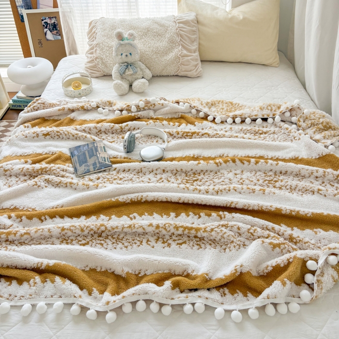 91家纺网 家纺一手货源 找家纺 潮邦创意家居 【标准250G】阳离子双色提花星绒梦语小球毯可供跨境电商可压缩 星绒梦语灿黄