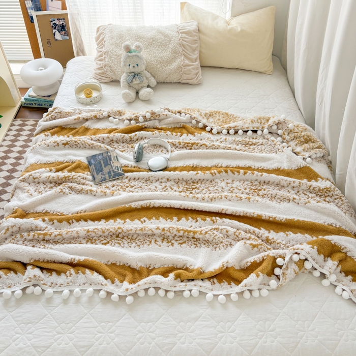 91家纺网 家纺一手货源 找家纺 潮邦创意家居 【标准250G】阳离子双色提花星绒梦语小球毯可供跨境电商可压缩 星绒梦语灿黄