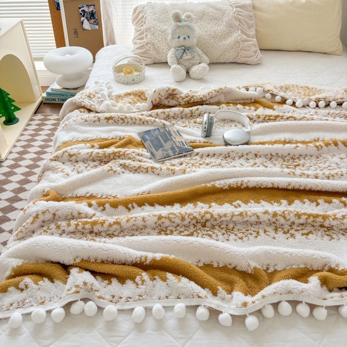 91家纺网 家纺一手货源 找家纺 潮邦创意家居 【标准250G】阳离子双色提花星绒梦语小球毯可供跨境电商可压缩 星绒梦语灿黄