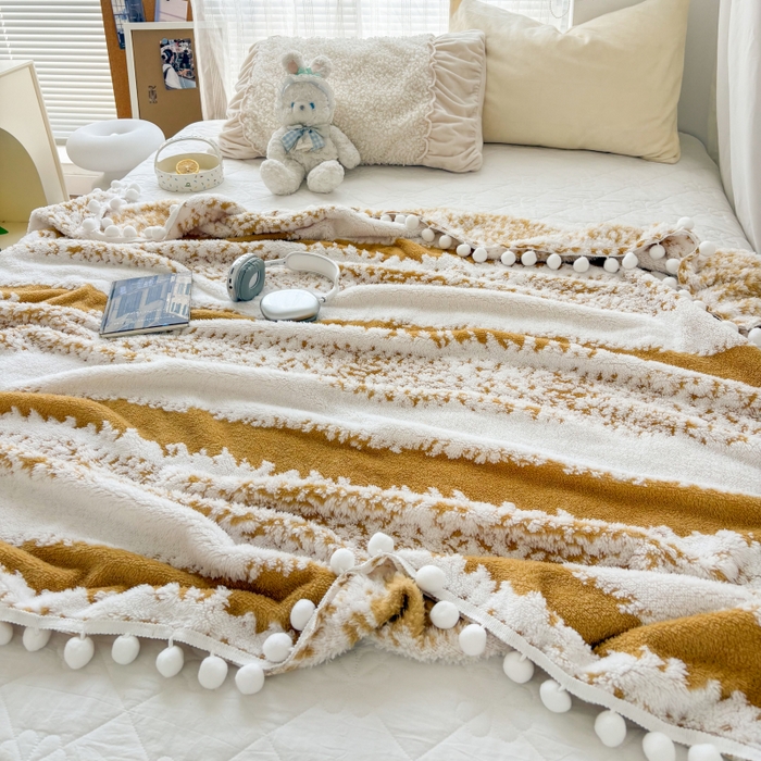 91家纺网 家纺一手货源 找家纺 潮邦创意家居 【标准250G】阳离子双色提花星绒梦语小球毯可供跨境电商可压缩 星绒梦语灿黄