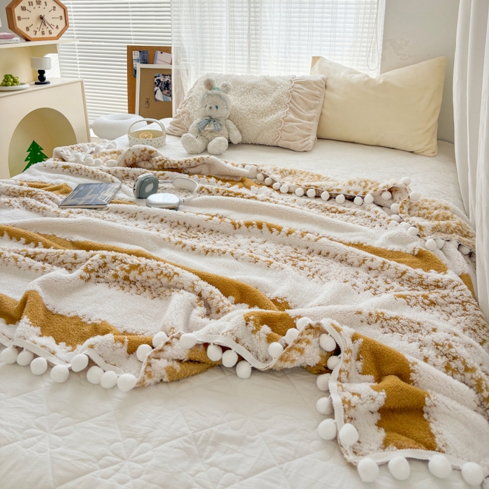 91家纺网 家纺一手货源 找家纺 潮邦创意家居 【标准250G】阳离子双色提花星绒梦语小球毯可供跨境电商可压缩 星绒梦语灿黄