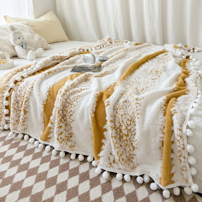 91家纺网 家纺一手货源 找家纺 潮邦创意家居 【标准250G】阳离子双色提花星绒梦语小球毯可供跨境电商可压缩 星绒梦语灿黄