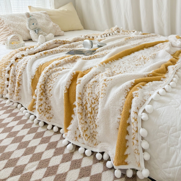 91家纺网 家纺一手货源 找家纺 潮邦创意家居 【标准250G】阳离子双色提花星绒梦语小球毯可供跨境电商可压缩 星绒梦语灿黄