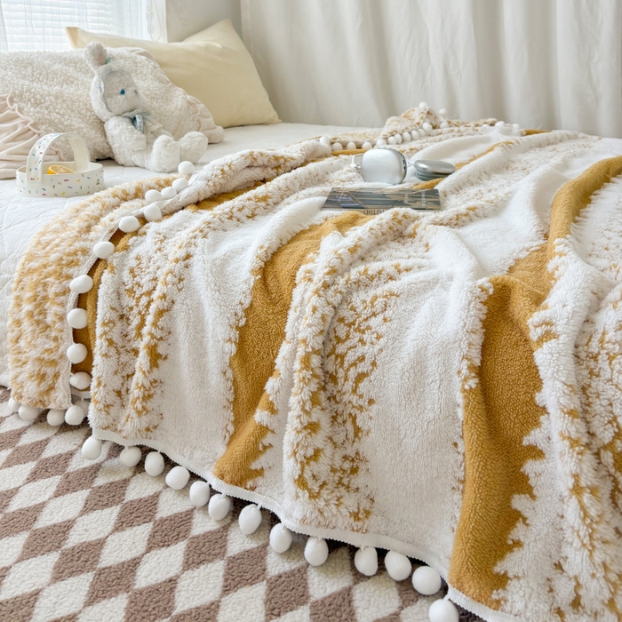 91家纺网 家纺一手货源 找家纺 潮邦创意家居 【标准250G】阳离子双色提花星绒梦语小球毯可供跨境电商可压缩 星绒梦语灿黄