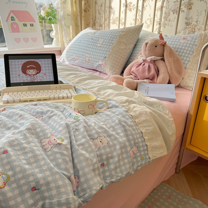 91家纺网 家纺一手货源 找家纺 盼季家纺 2025新款A类夏季夏天蕾丝花边大豆纤维被夏凉被床单四件套空调被 蕾丝花边夏被-汪汪狗蓝