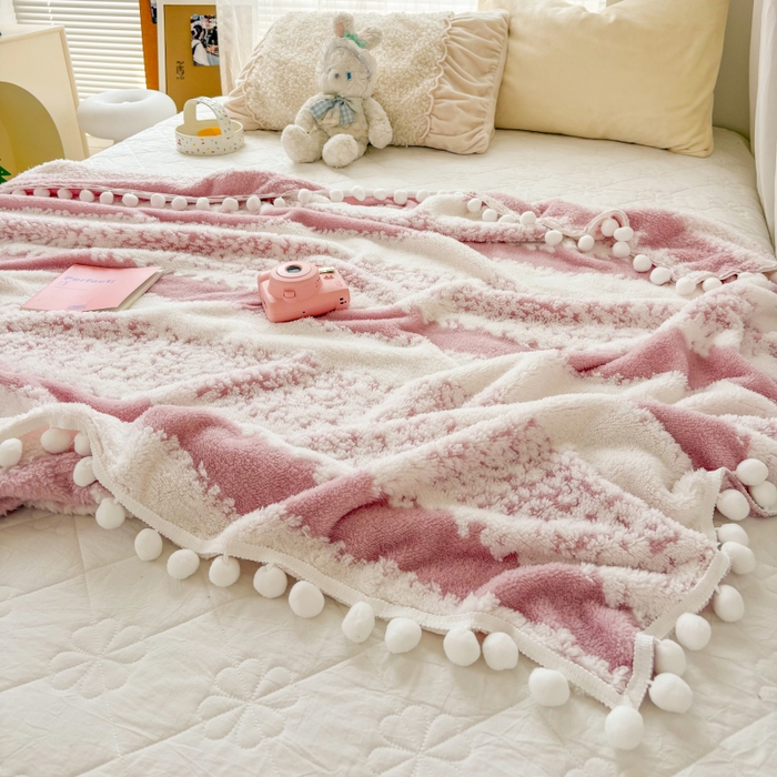 91家纺网 家纺一手货源 找家纺 潮邦创意家居 【标准250G】阳离子双色提花星绒梦语小球毯可供跨境电商可压缩 星绒梦语桃粉