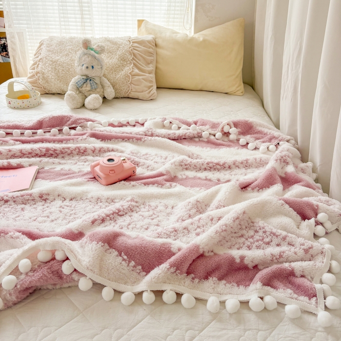 91家纺网 家纺一手货源 找家纺 潮邦创意家居 【标准250G】阳离子双色提花星绒梦语小球毯可供跨境电商可压缩 星绒梦语桃粉