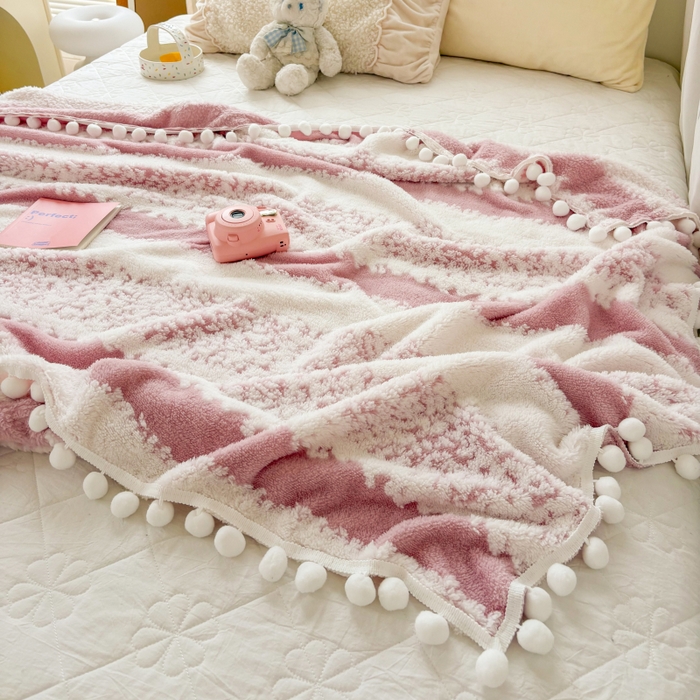 91家纺网 家纺一手货源 找家纺 潮邦创意家居 【标准250G】阳离子双色提花星绒梦语小球毯可供跨境电商可压缩 星绒梦语桃粉