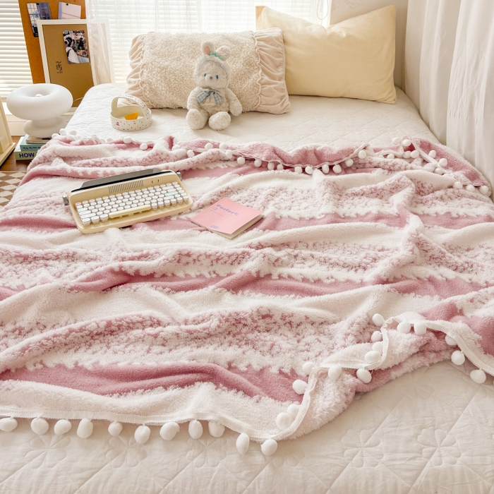 91家纺网 家纺一手货源 找家纺 潮邦创意家居 【标准250G】阳离子双色提花星绒梦语小球毯可供跨境电商可压缩 星绒梦语桃粉