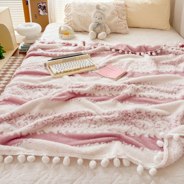 91家纺网 家纺一手货源 找家纺 潮邦创意家居 【标准250G】阳离子双色提花星绒梦语小球毯可供跨境电商可压缩 星绒梦语桃粉