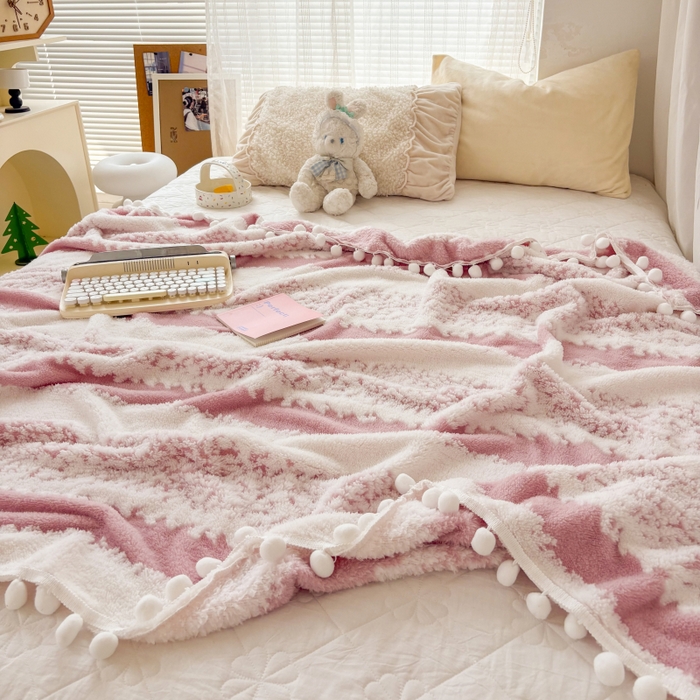 91家纺网 家纺一手货源 找家纺 潮邦创意家居 【标准250G】阳离子双色提花星绒梦语小球毯可供跨境电商可压缩 星绒梦语桃粉