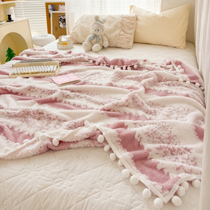 91家纺网 家纺一手货源 找家纺 潮邦创意家居 【标准250G】阳离子双色提花星绒梦语小球毯可供跨境电商可压缩 星绒梦语桃粉