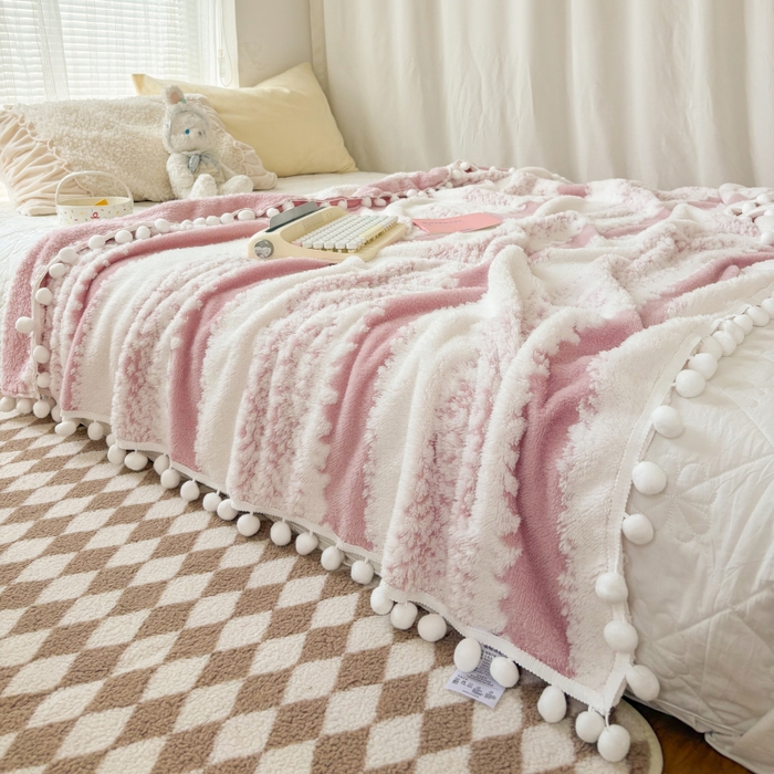 91家纺网 家纺一手货源 找家纺 潮邦创意家居 【标准250G】阳离子双色提花星绒梦语小球毯可供跨境电商可压缩 星绒梦语桃粉