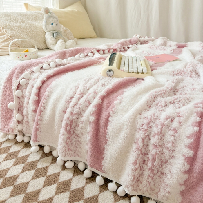 91家纺网 家纺一手货源 找家纺 潮邦创意家居 【标准250G】阳离子双色提花星绒梦语小球毯可供跨境电商可压缩 星绒梦语桃粉