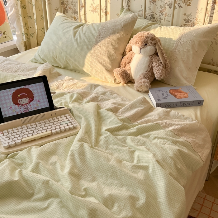 91家纺网 家纺一手货源 找家纺 盼季家纺 2025新款A类夏季夏天蕾丝花边大豆纤维被夏凉被床单四件套空调被 蕾丝花边夏被-绿小格