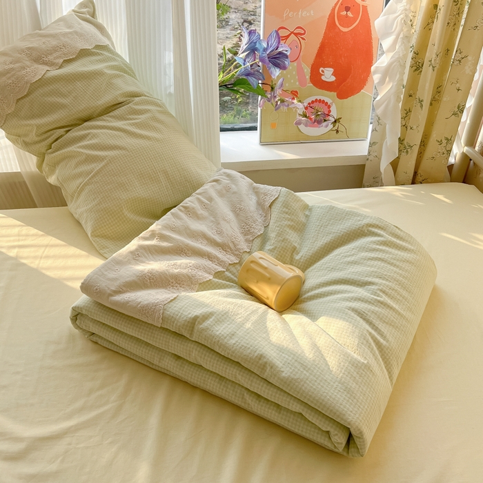 91家纺网 家纺一手货源 找家纺 盼季家纺 2025新款A类夏季夏天蕾丝花边大豆纤维被夏凉被床单四件套空调被 蕾丝花边夏被-绿小格