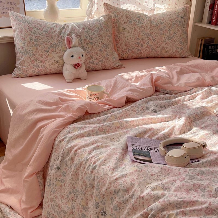 繁花家居 2025新款AA版水洗棉超软夏被直播热款 花丛萌兔