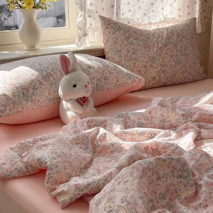 91家纺网 家纺一手货源 找家纺 繁花家居 2025新款AA版水洗棉超软夏被直播热款 花丛萌兔