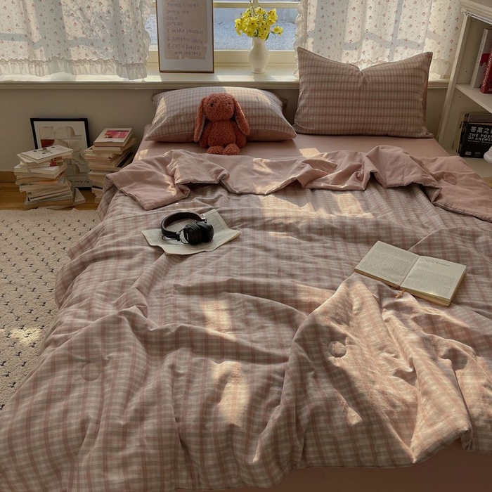 91家纺网 家纺一手货源 找家纺 繁花家居 2025新款AA版水洗棉超软夏被直播热款 烟雾粉