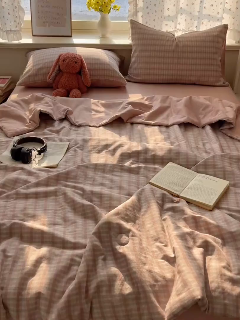 91家纺网 家纺一手货源 找家纺 繁花家居 2025新款AA版水洗棉超软夏被直播热款 烟雾粉