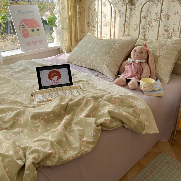 91家纺网 家纺一手货源 找家纺 盼季家纺 2025新款A类夏季夏天蕾丝花边大豆纤维被夏凉被床单四件套空调被 蕾丝花边夏被-碎花兔绿