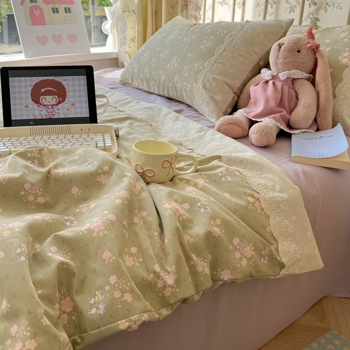 91家纺网 家纺一手货源 找家纺 盼季家纺 2025新款A类夏季夏天蕾丝花边大豆纤维被夏凉被床单四件套空调被 蕾丝花边夏被-碎花兔绿