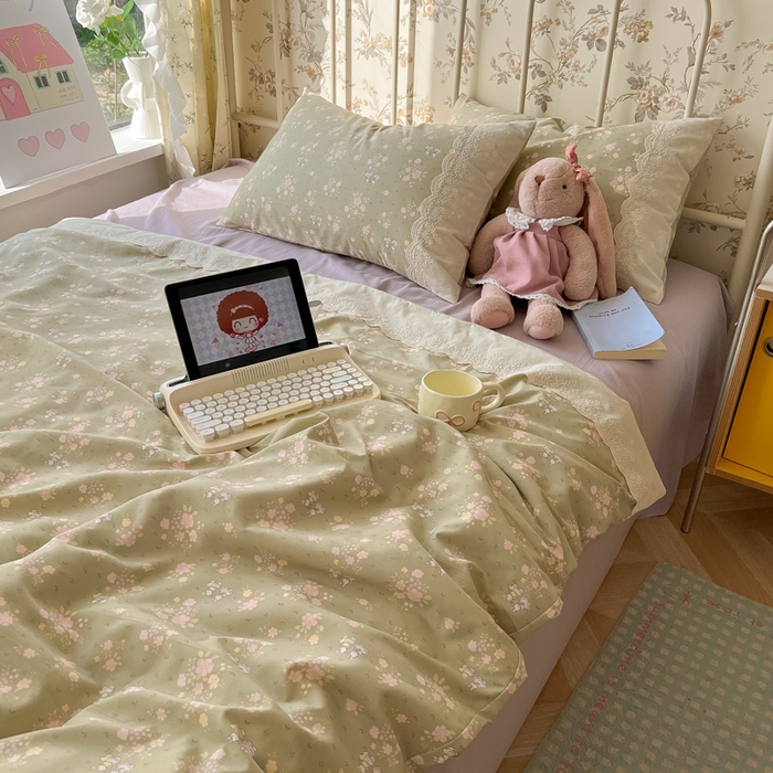 91家纺网 家纺一手货源 找家纺 盼季家纺 2025新款A类夏季夏天蕾丝花边大豆纤维被夏凉被床单四件套空调被 蕾丝花边夏被-碎花兔绿