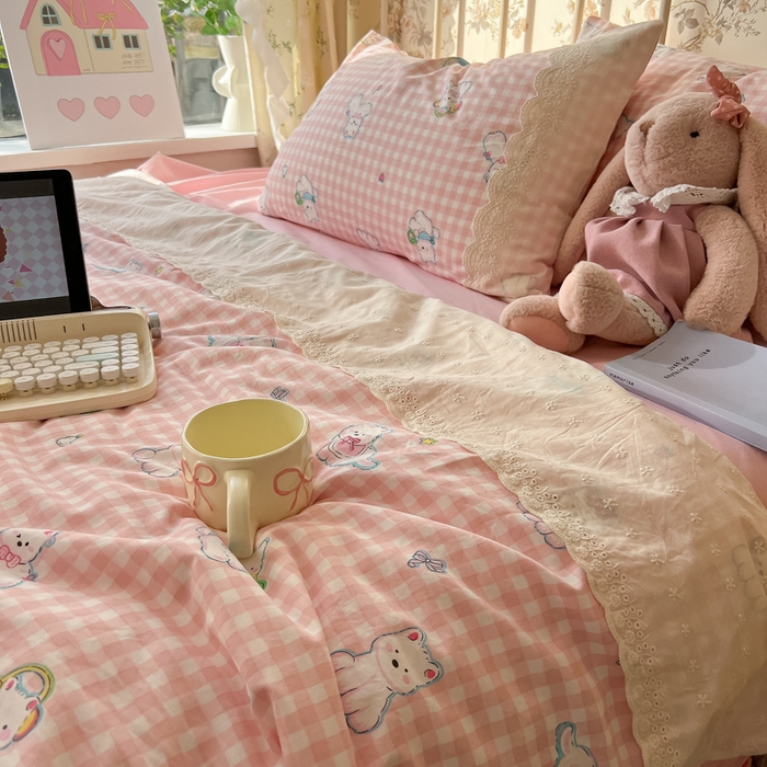 91家纺网 家纺一手货源 找家纺 盼季家纺 2025新款A类夏季夏天蕾丝花边大豆纤维被夏凉被床单四件套空调被 蕾丝花边夏被-汪汪狗粉