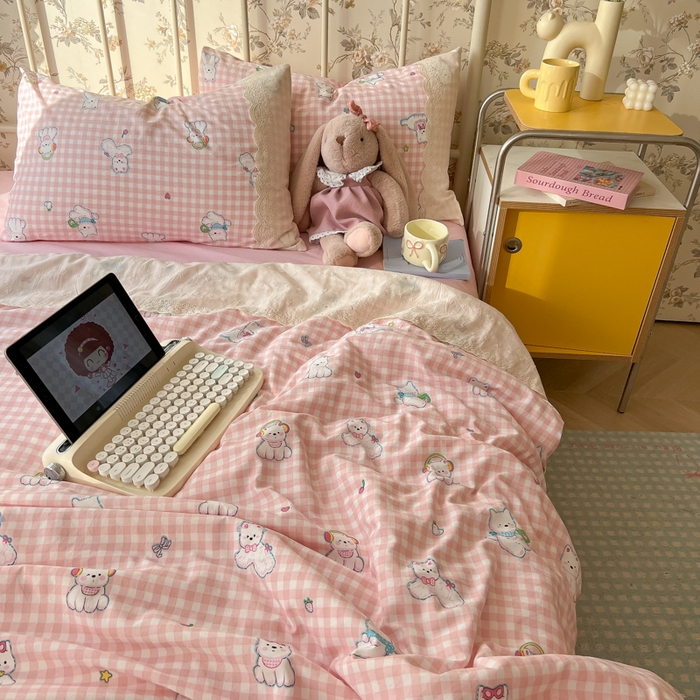 91家纺网 家纺一手货源 找家纺 盼季家纺 2025新款A类夏季夏天蕾丝花边大豆纤维被夏凉被床单四件套空调被 蕾丝花边夏被-汪汪狗粉