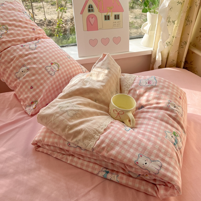 91家纺网 家纺一手货源 找家纺 盼季家纺 2025新款A类夏季夏天蕾丝花边大豆纤维被夏凉被床单四件套空调被 蕾丝花边夏被-汪汪狗粉