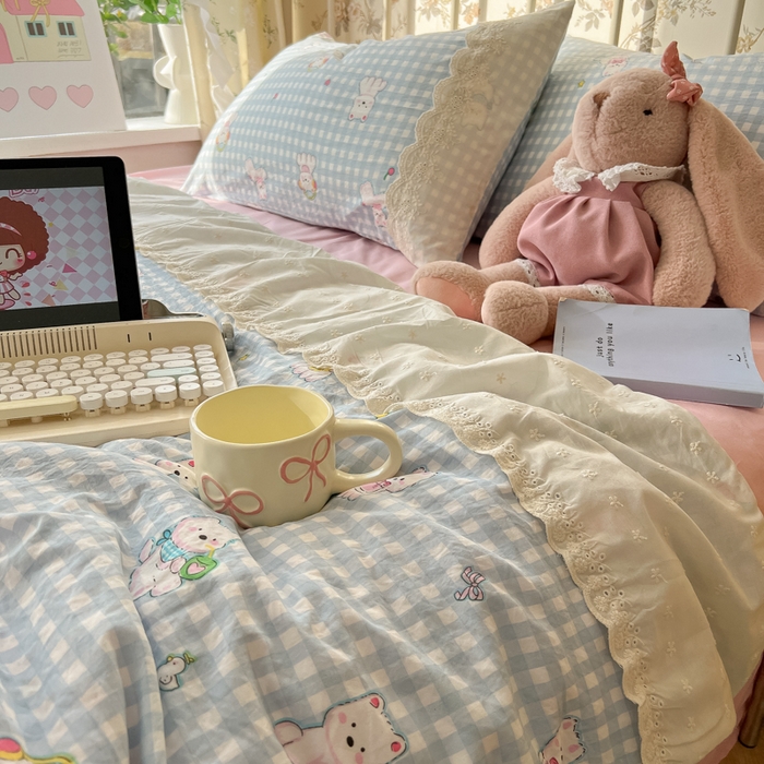 91家纺网 家纺一手货源 找家纺 盼季家纺 2025新款A类夏季夏天蕾丝花边大豆纤维被夏凉被床单四件套空调被 蕾丝花边夏被-汪汪狗蓝