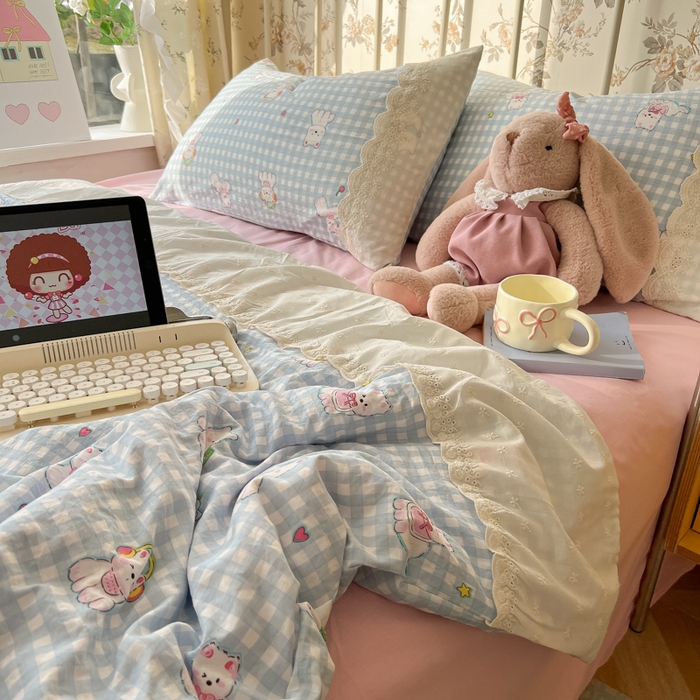 91家纺网 家纺一手货源 找家纺 盼季家纺 2025新款A类夏季夏天蕾丝花边大豆纤维被夏凉被床单四件套空调被 蕾丝花边夏被-汪汪狗蓝