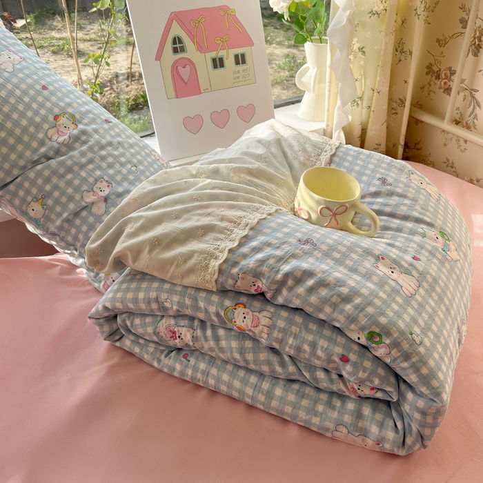 91家纺网 家纺一手货源 找家纺 盼季家纺 2025新款A类夏季夏天蕾丝花边大豆纤维被夏凉被床单四件套空调被 蕾丝花边夏被-汪汪狗蓝