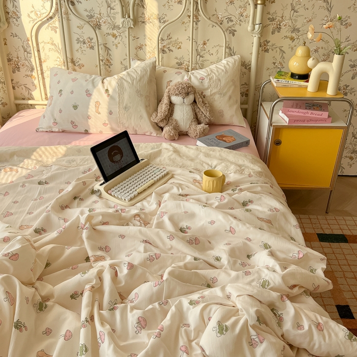 91家纺网 家纺一手货源 找家纺 盼季家纺 2025新款A类夏季夏天蕾丝花边大豆纤维被夏凉被床单四件套空调被 蕾丝花边夏被-小兔蘑菇