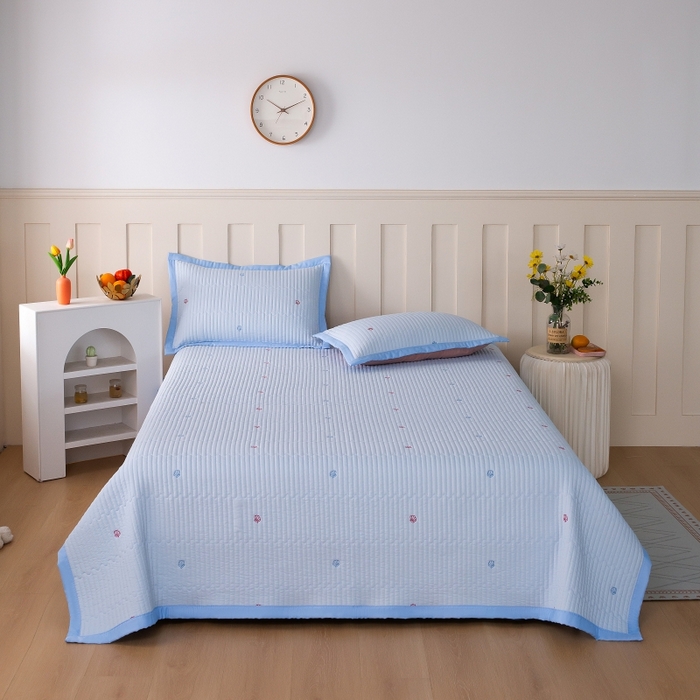 晨晨家纺 2025新款A类莱赛尔天丝刺绣款凉席席子床盖款系列三件套 皇冠-天空蓝