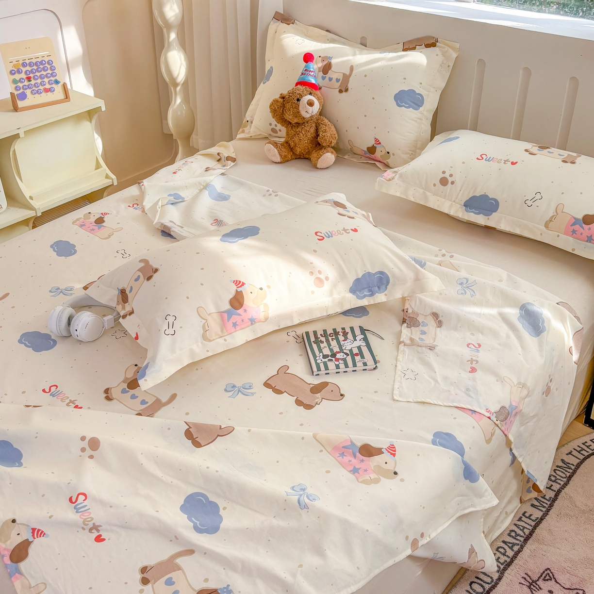 91家纺网 家纺一手货源 找家纺 大吉 2025新款亲肤舒适全棉纯棉喷气小清新印花系列单床单床单单件单品床单 萌宠日记