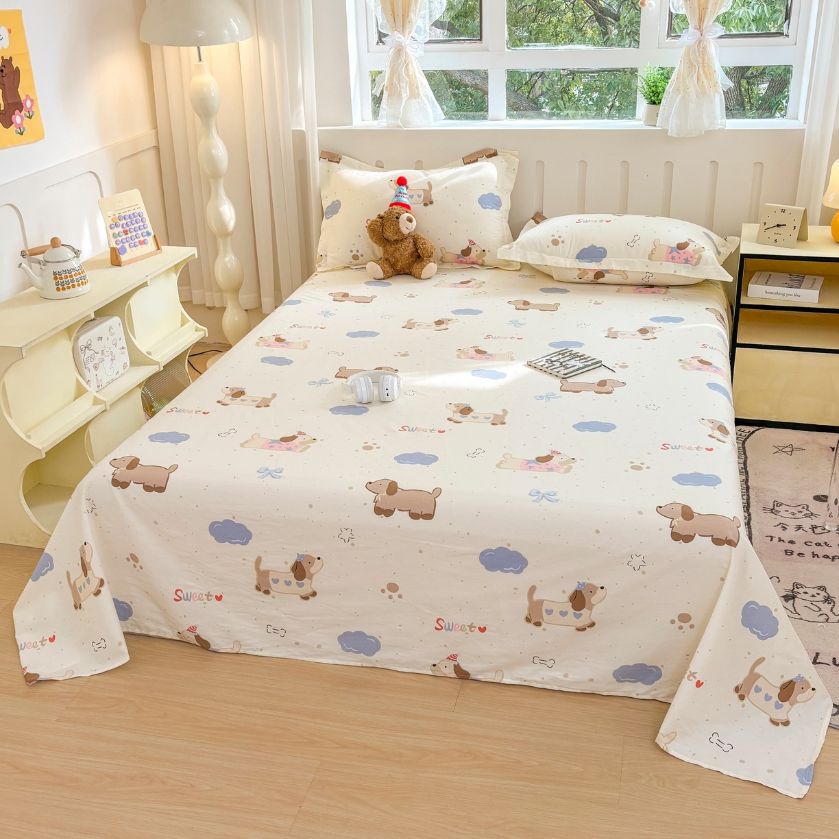 91家纺网 家纺一手货源 找家纺 大吉 2025新款亲肤舒适全棉纯棉喷气小清新印花系列单床单床单单件单品床单 萌宠日记